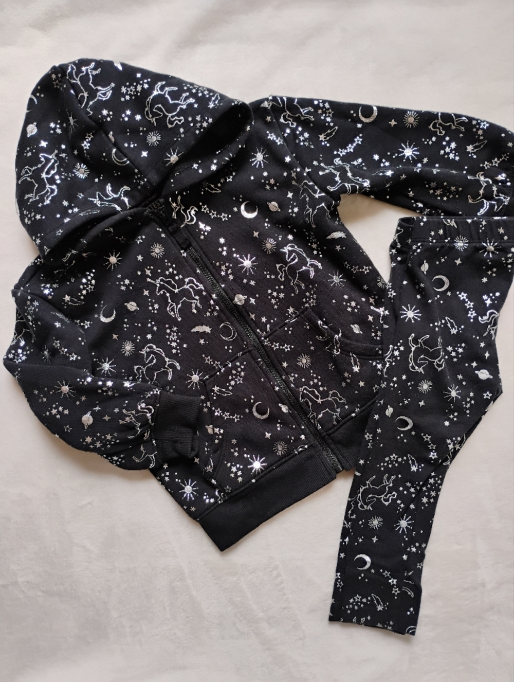 Galaxy Unicorn Zip Up Sweatshirt & Pant Set | Black & Metallic Silver | 2T
